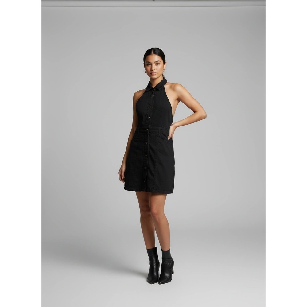 Free People Sami Black Denim Halter Mini Dress XS Button Front Utility Open Back